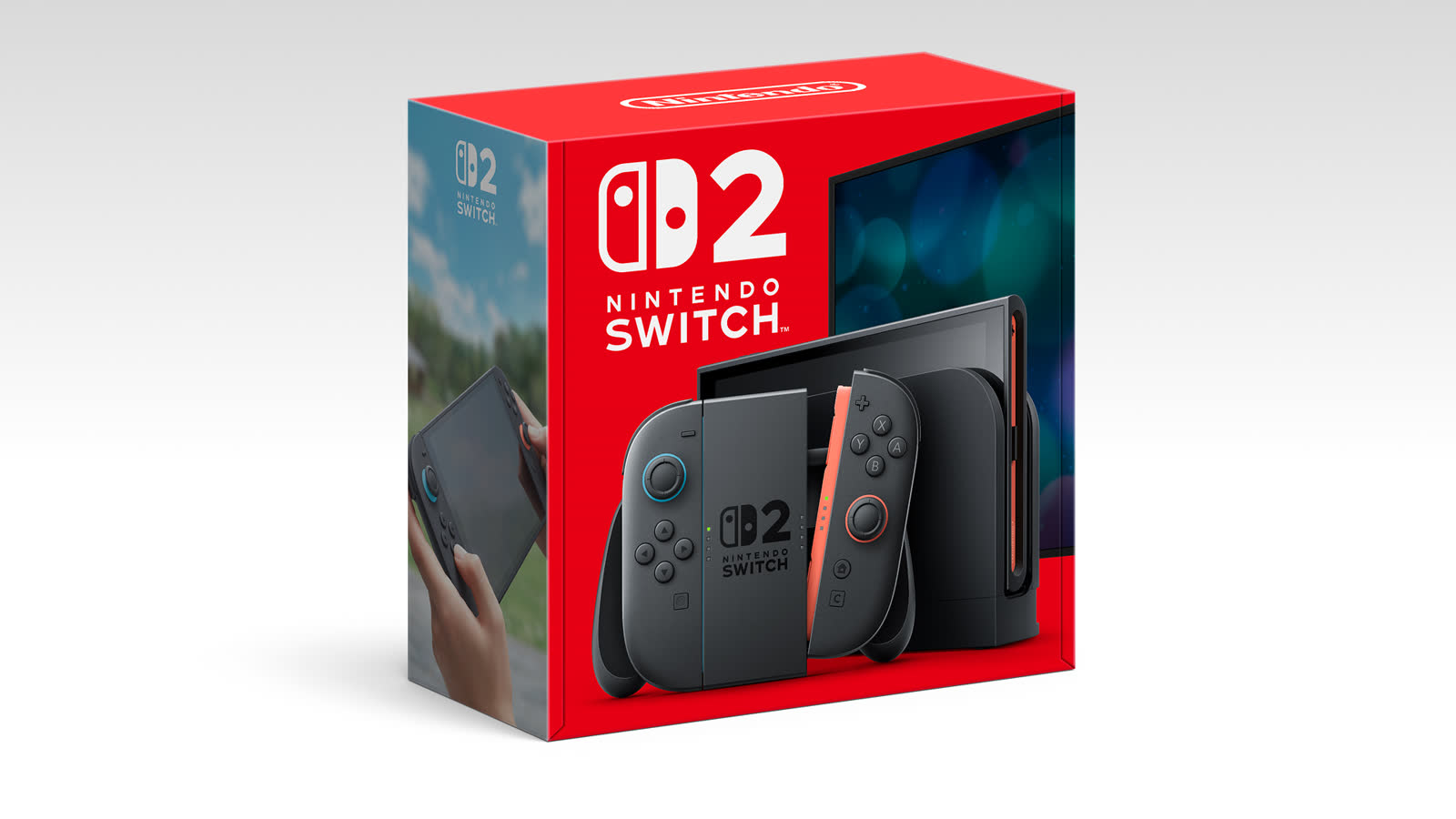 Nintendo Switch 2 console, controllers, dock, and retail box