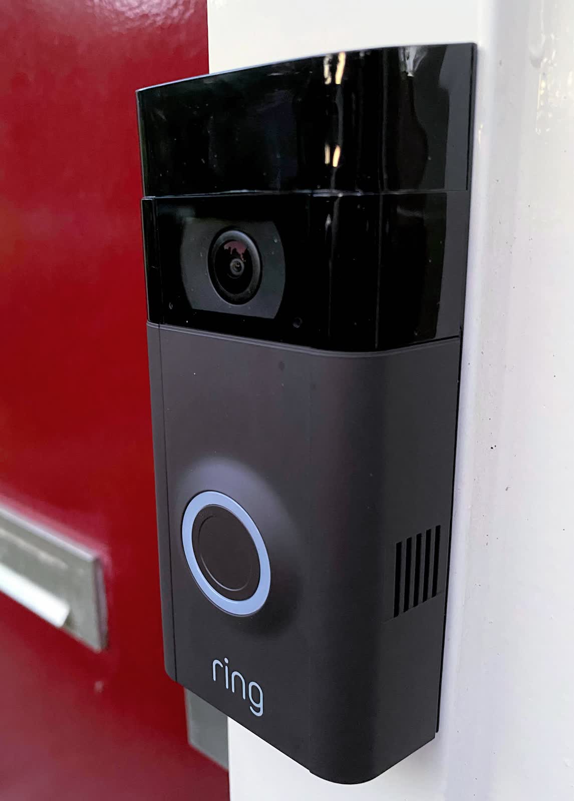 Ring battery doorbell on a wall mount